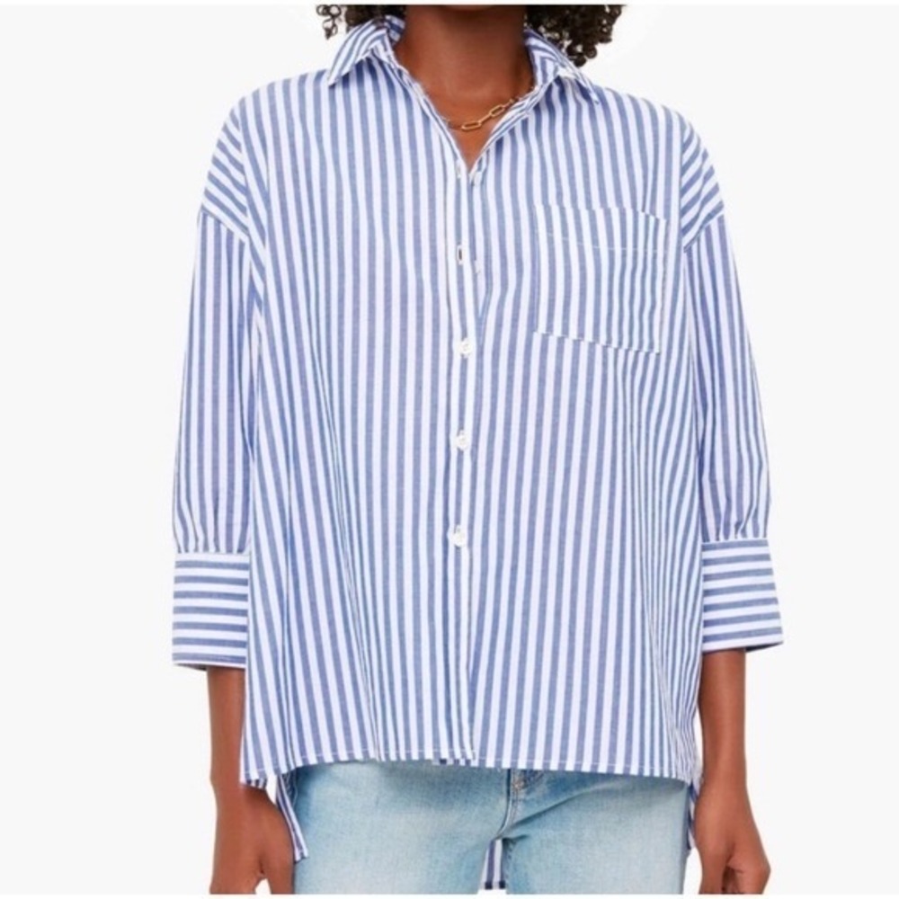 Pomander Place Womens Blue White Striped Oversized Button Down‎ Shirt Small